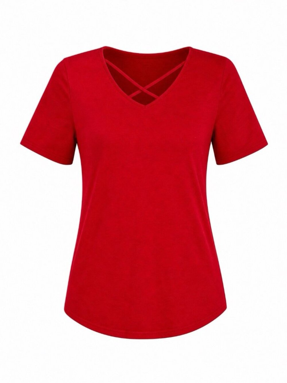 Red V Neck Short Sleeve Strappy Back Pullover Stretch Shirt Size M